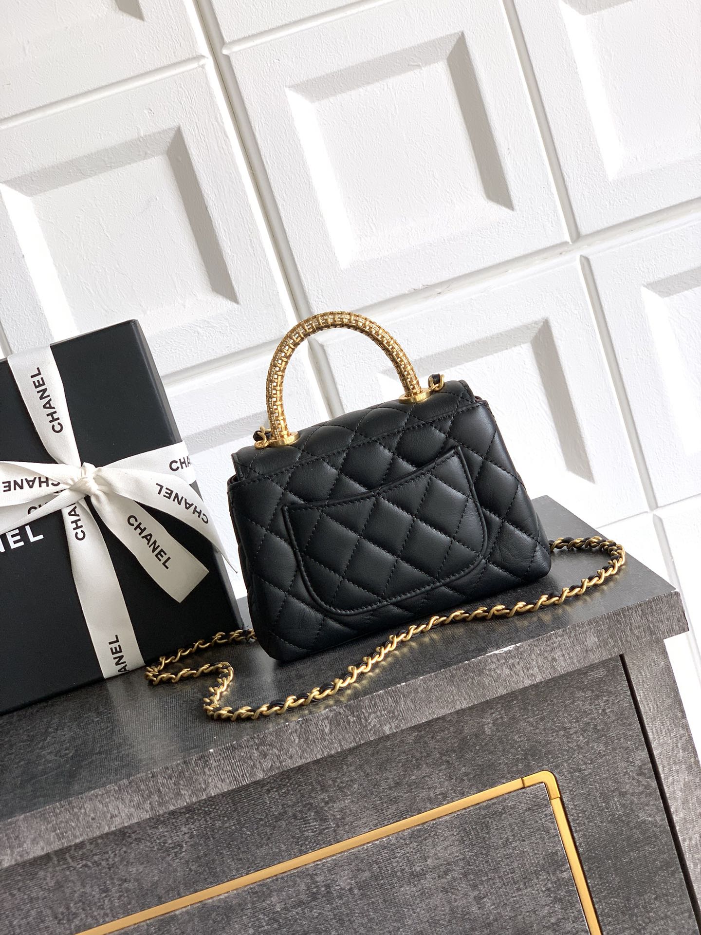 Chanel Coco Handle Small 14 Black Gold Diamond Handle 25A