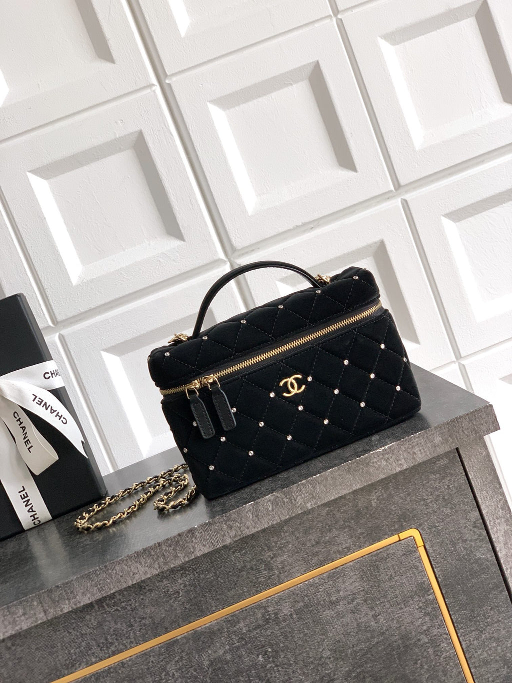 Chanel Vanity Case Black Velvet Crystal Embellished 25K