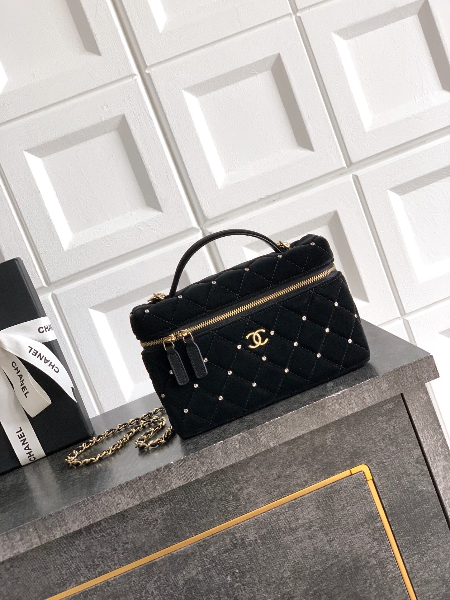 Chanel Vanity Case Black Velvet Crystal Embellished 25K