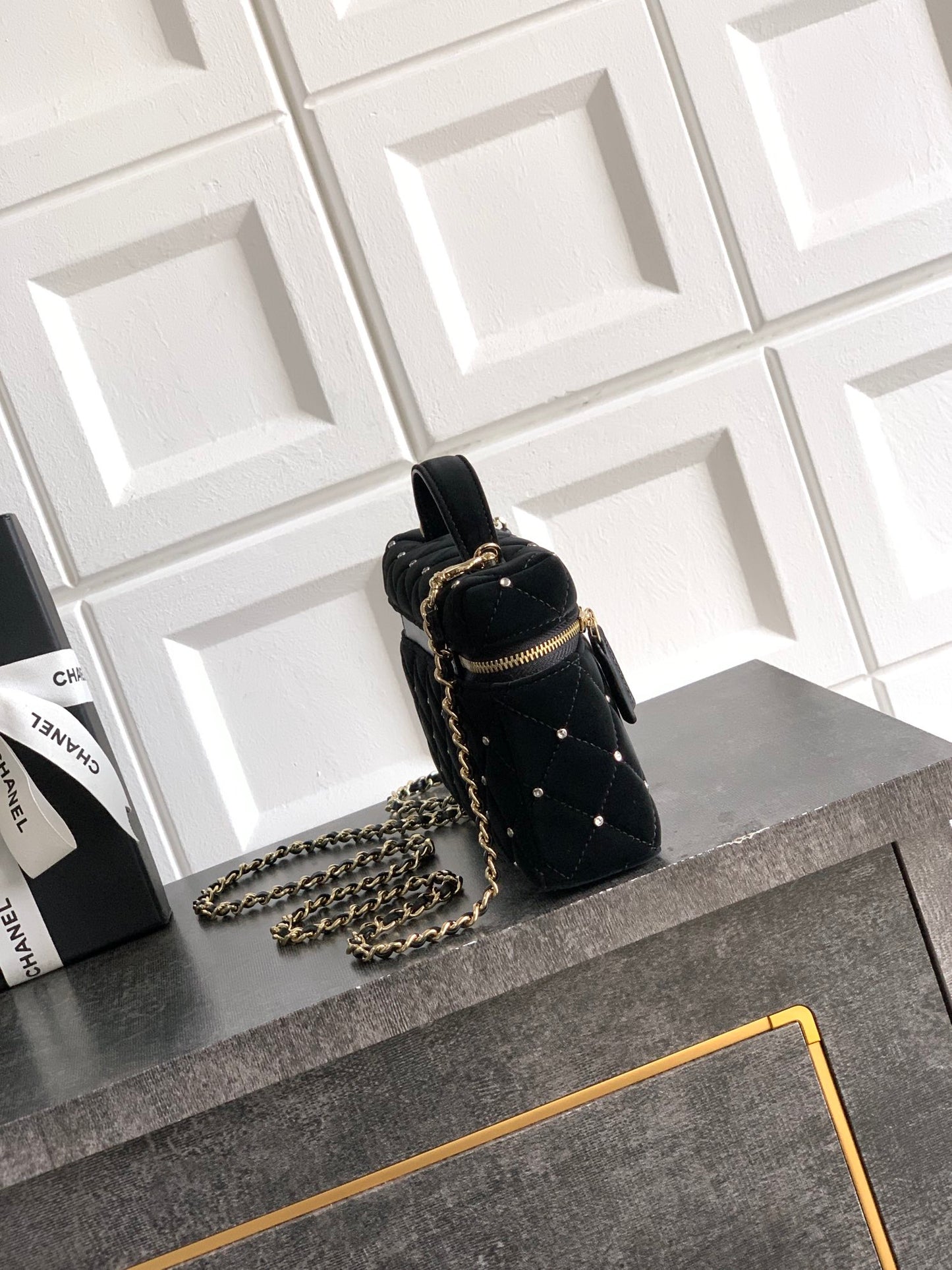 Chanel Vanity Case Black Velvet Crystal Embellished 25K