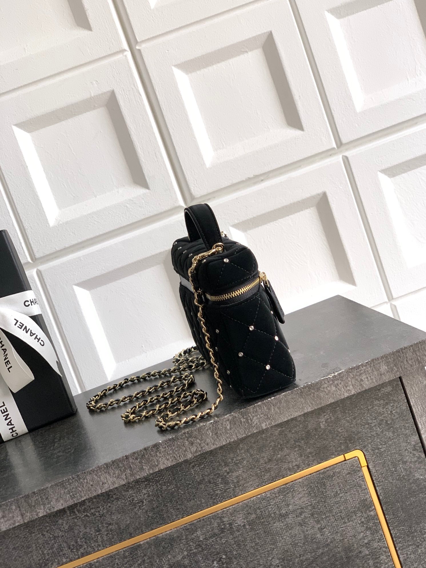 Chanel Vanity Case Black Velvet Crystal Embellished 25K