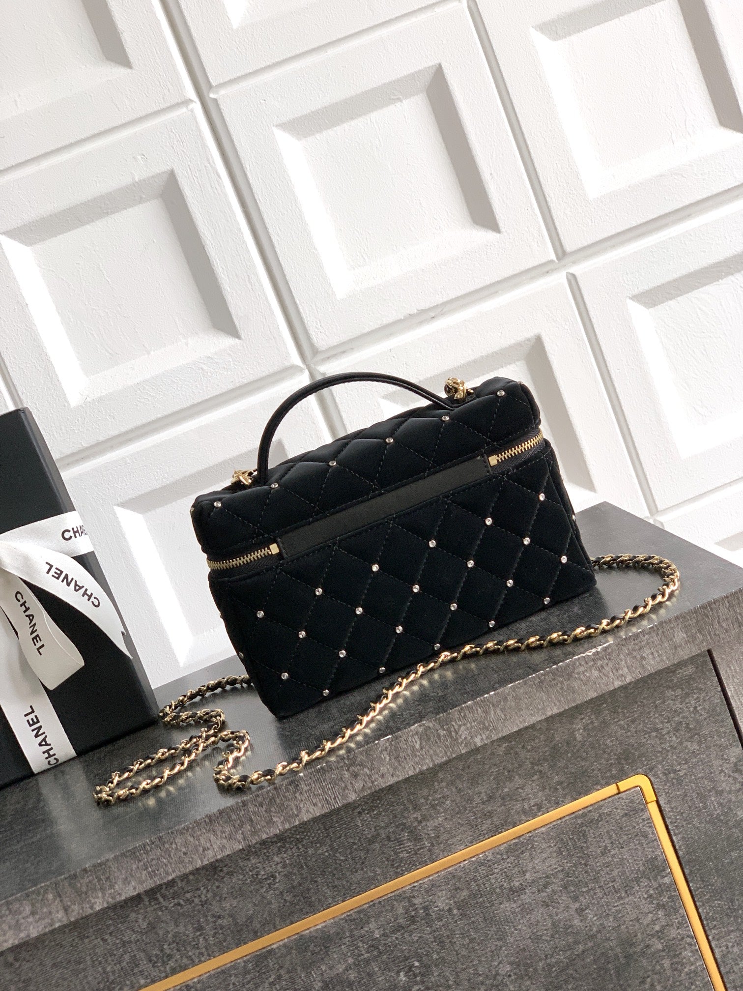 Chanel Vanity Case Black Velvet Crystal Embellished 25K