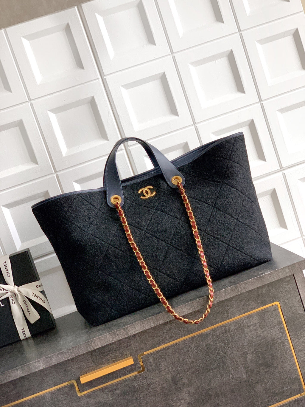 Chanel Shopping Tote Black Quilted Cotton Calfskin Gold Chain
