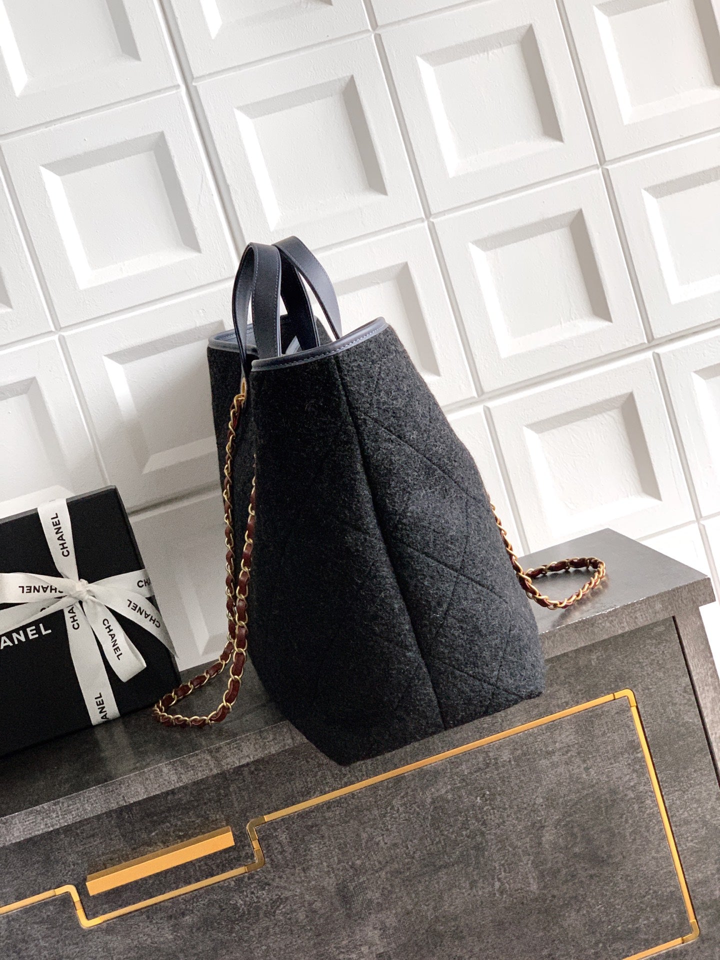 Chanel Shopping Tote Black Quilted Cotton Calfskin Gold Chain