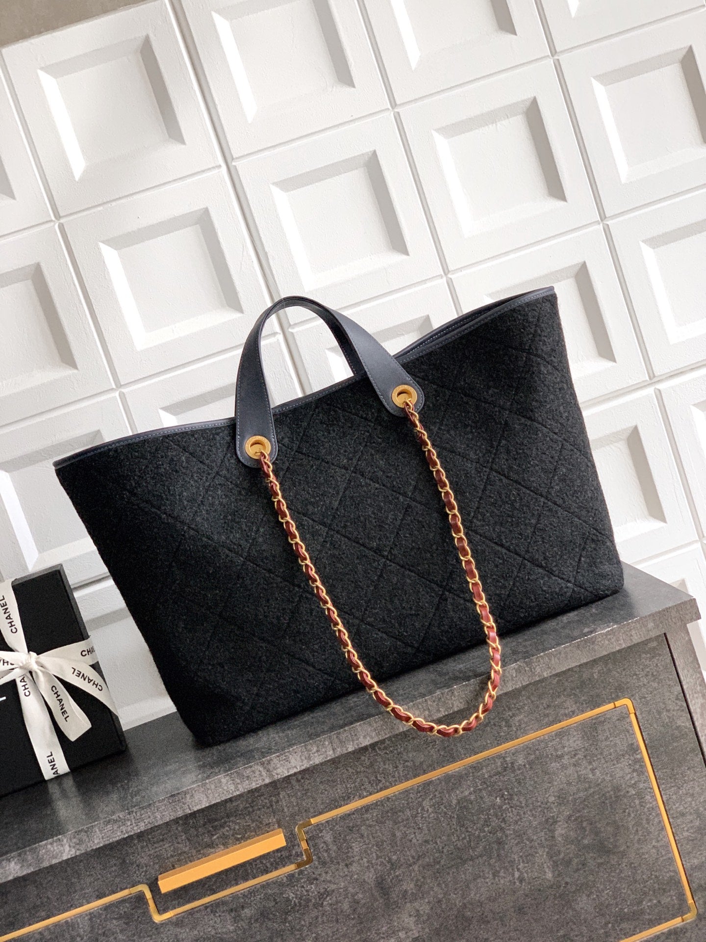 Chanel Shopping Tote Black Quilted Cotton Calfskin Gold Chain