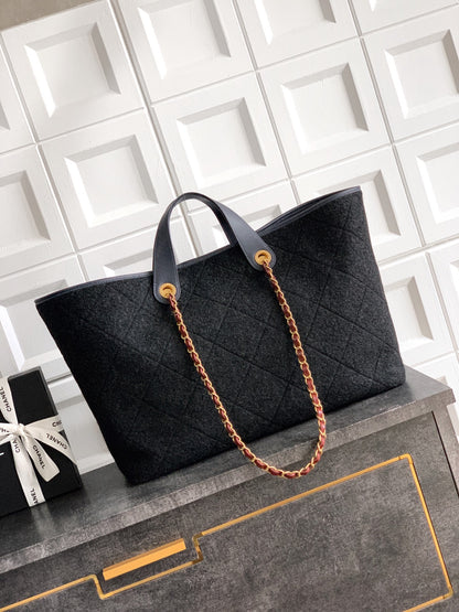 Chanel Shopping Tote Black Quilted Cotton Calfskin Gold Chain