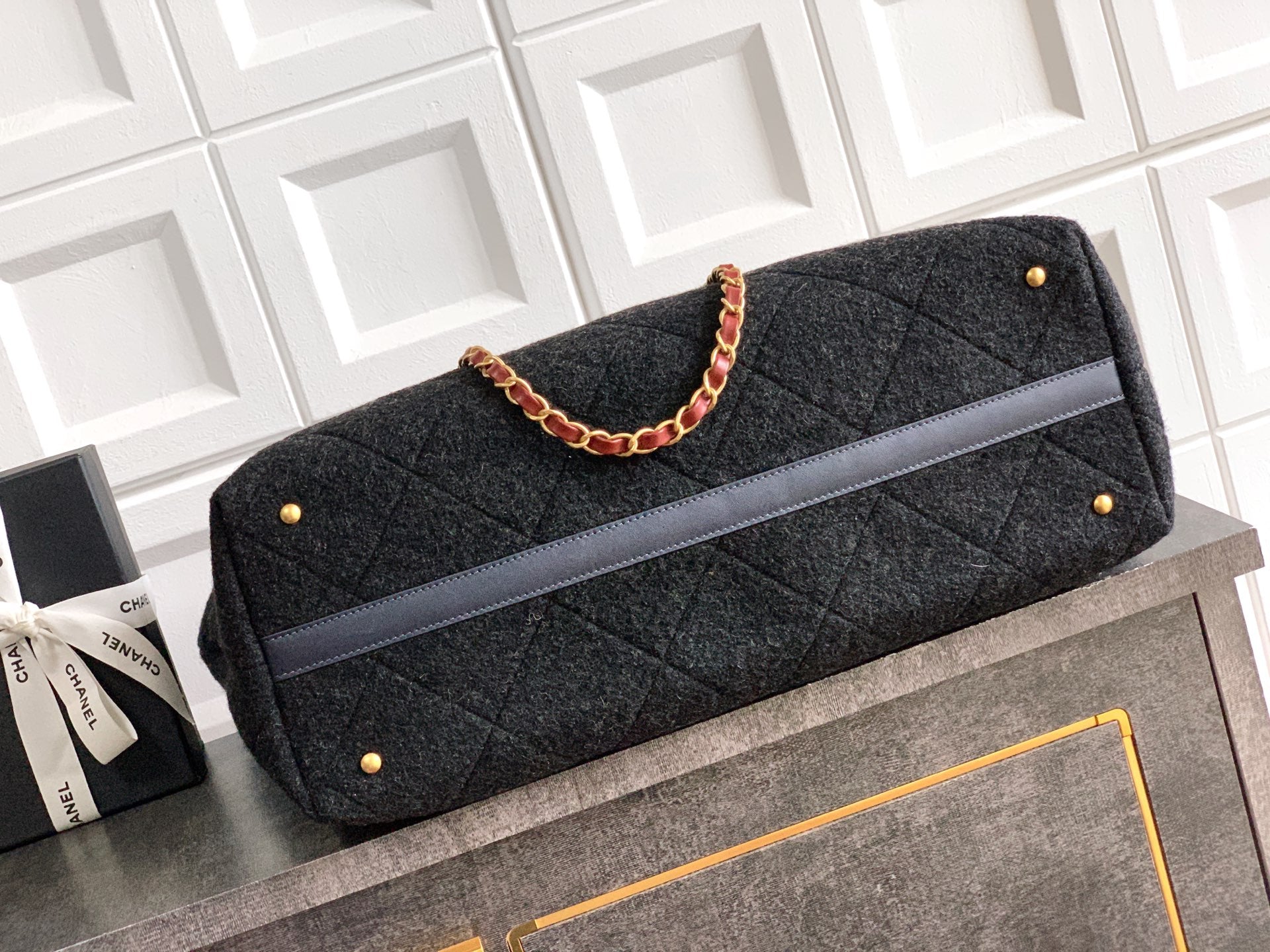 Chanel Shopping Tote Black Quilted Cotton Calfskin Gold Chain