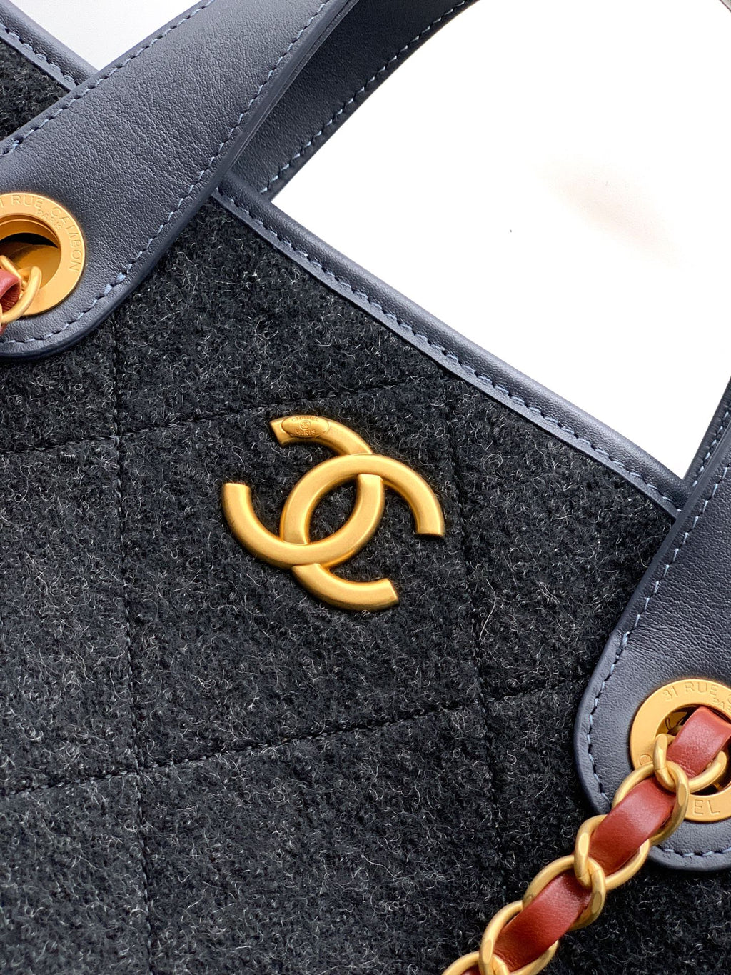 Chanel Shopping Tote Black Quilted Cotton Calfskin Gold Chain