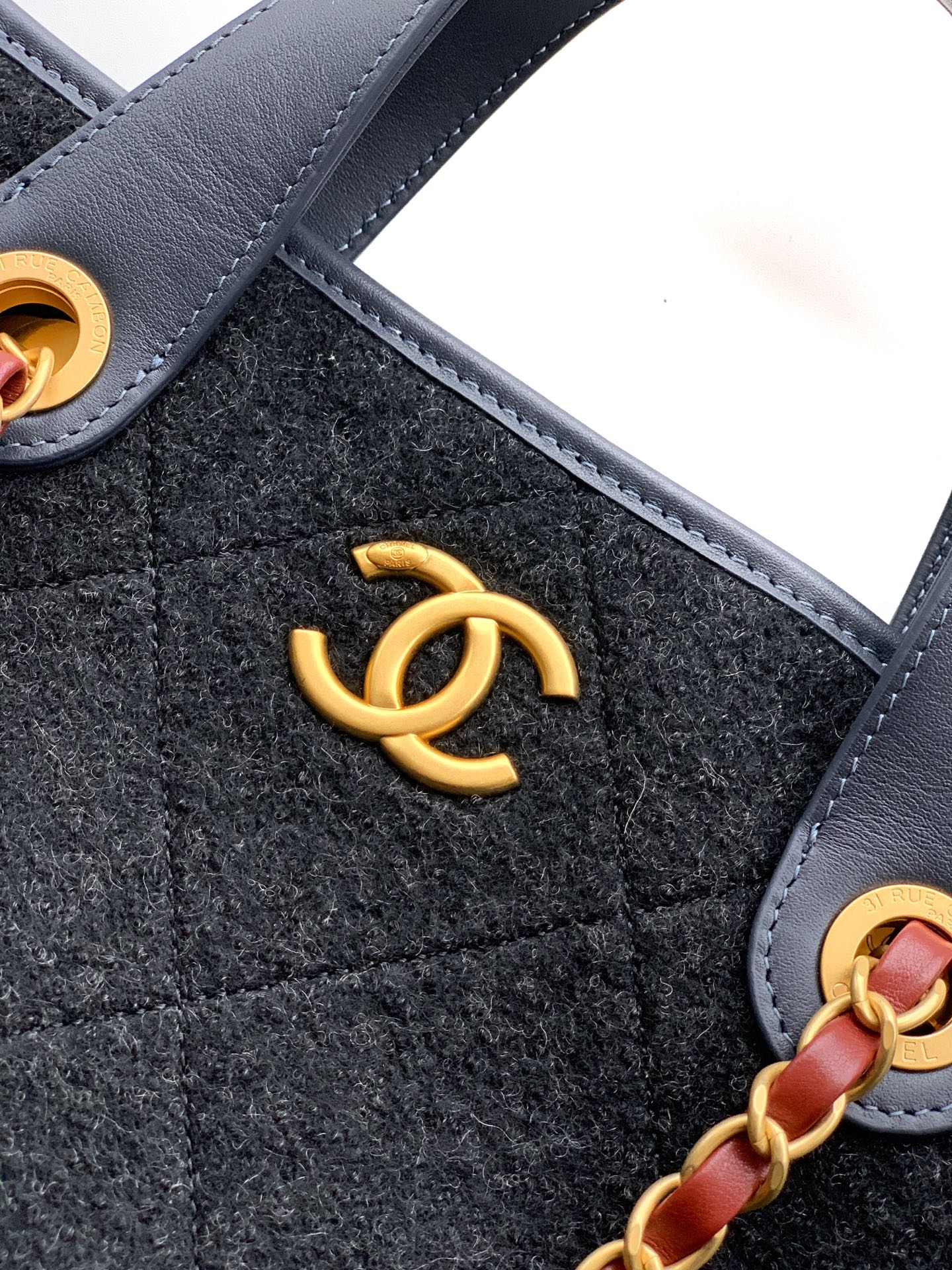 Chanel Shopping Tote Black Quilted Cotton Calfskin Gold Chain