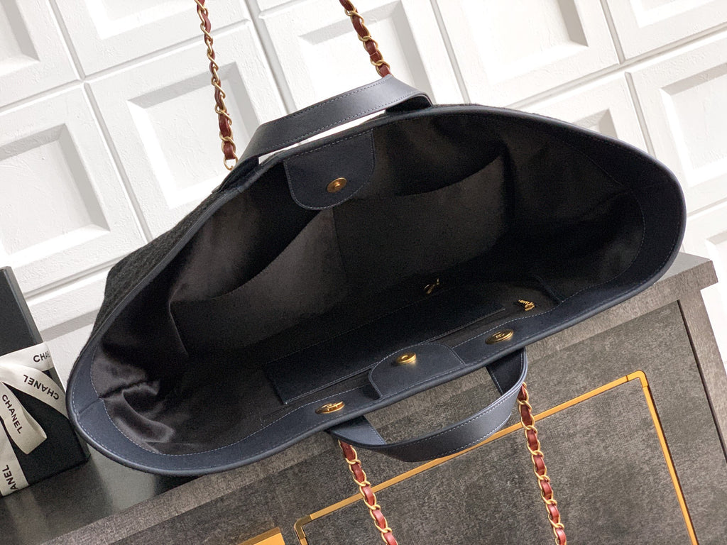 Chanel Shopping Tote Black Quilted Cotton Calfskin Gold Chain