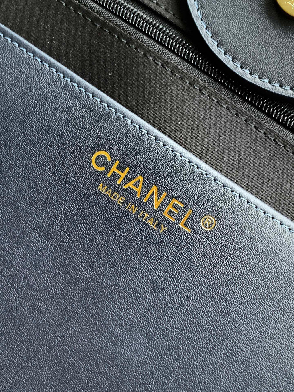 Chanel Shopping Tote Black Quilted Cotton Calfskin Gold Chain