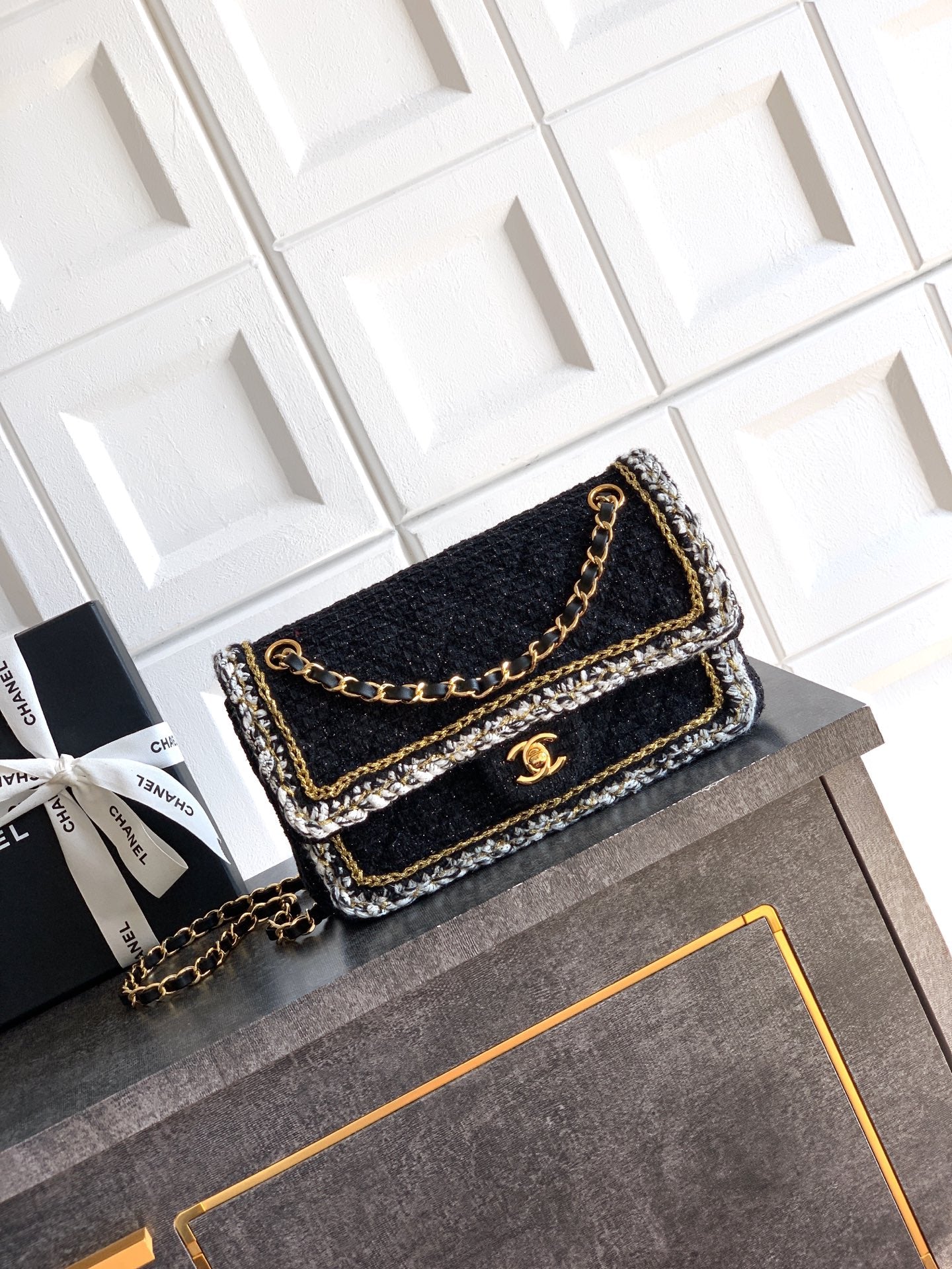Chanel Classic Flap Medium Black White Tweed Woven Gold Chain 25K