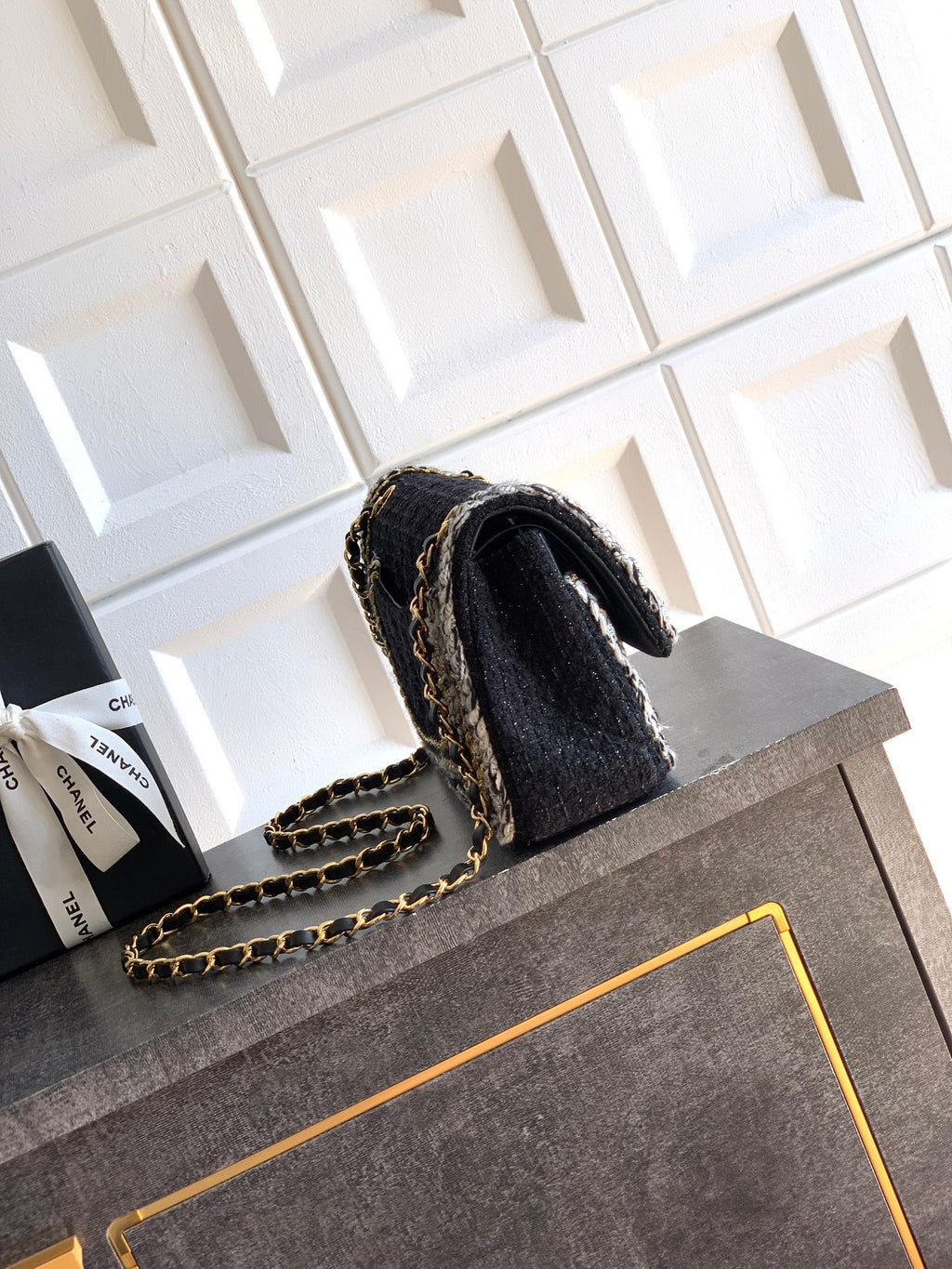 Chanel Classic Flap Medium Black White Tweed Woven Gold Chain 25K