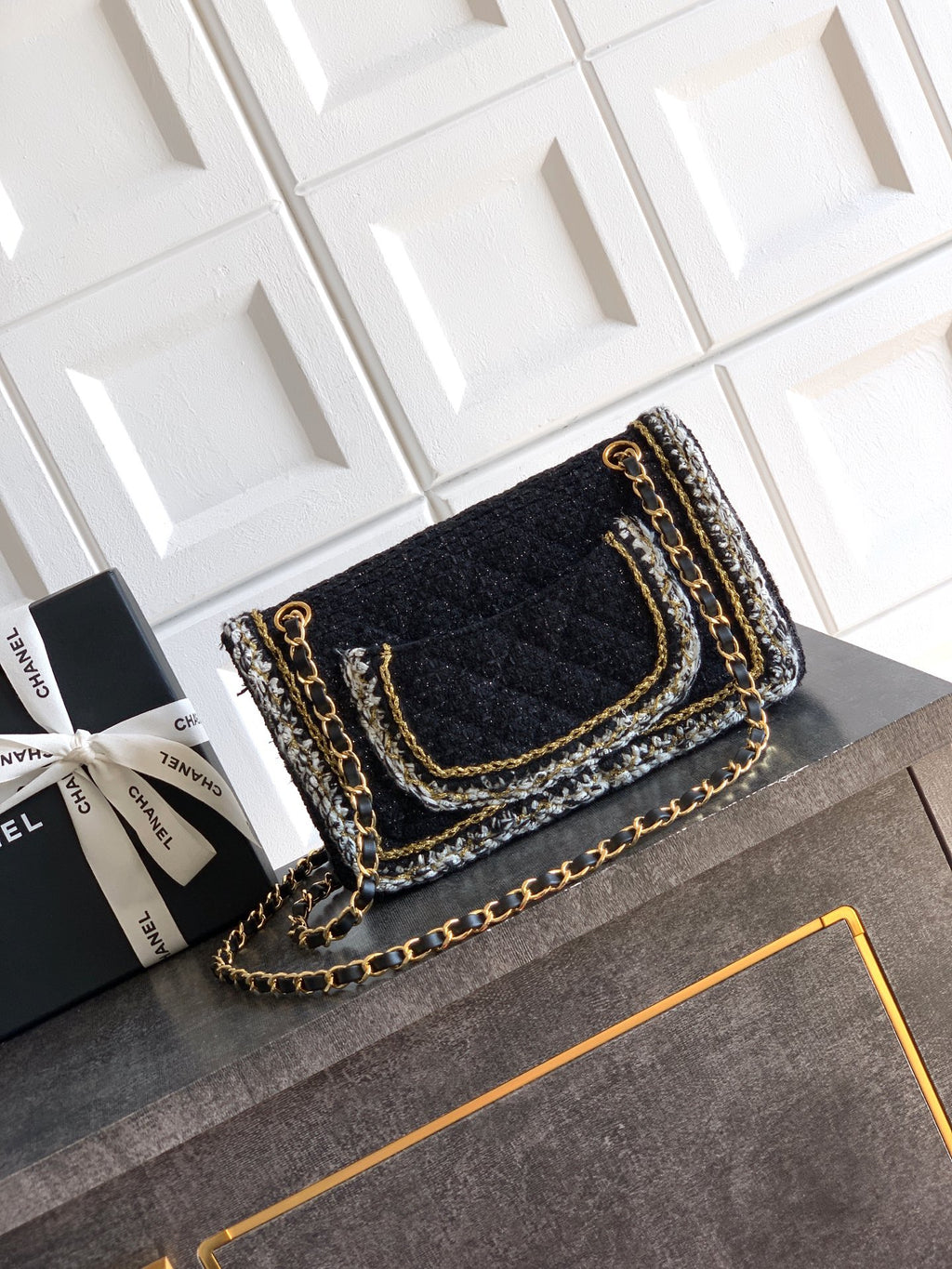 Chanel Classic Flap Medium Black White Tweed Woven Gold Chain 25K