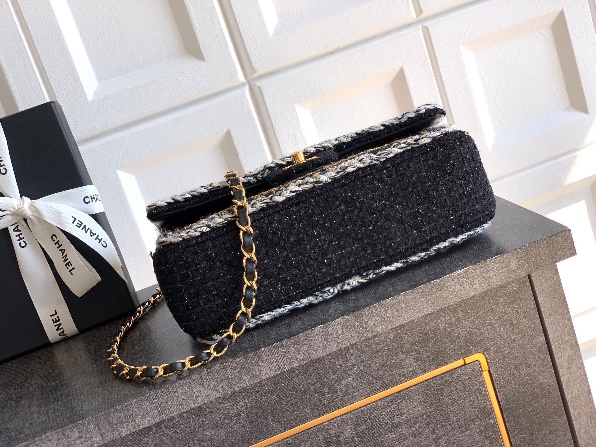 Chanel Classic Flap Medium Black White Tweed Woven Gold Chain 25K
