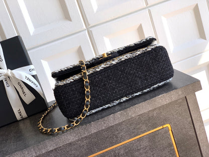 Chanel Classic Flap Medium Black White Tweed Woven Gold Chain 25K