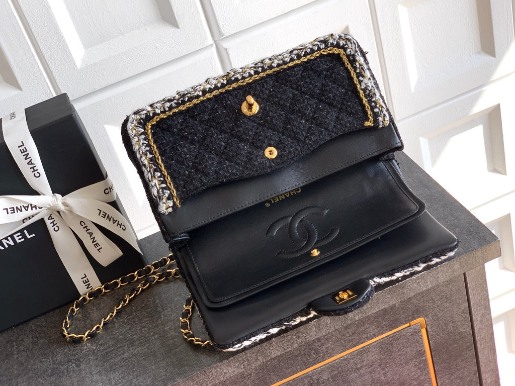 Chanel Classic Flap Medium Black White Tweed Woven Gold Chain 25K