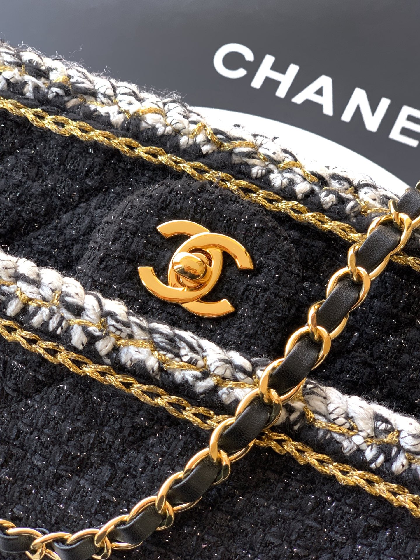Chanel Classic Flap Medium Black White Tweed Woven Gold Chain 25K