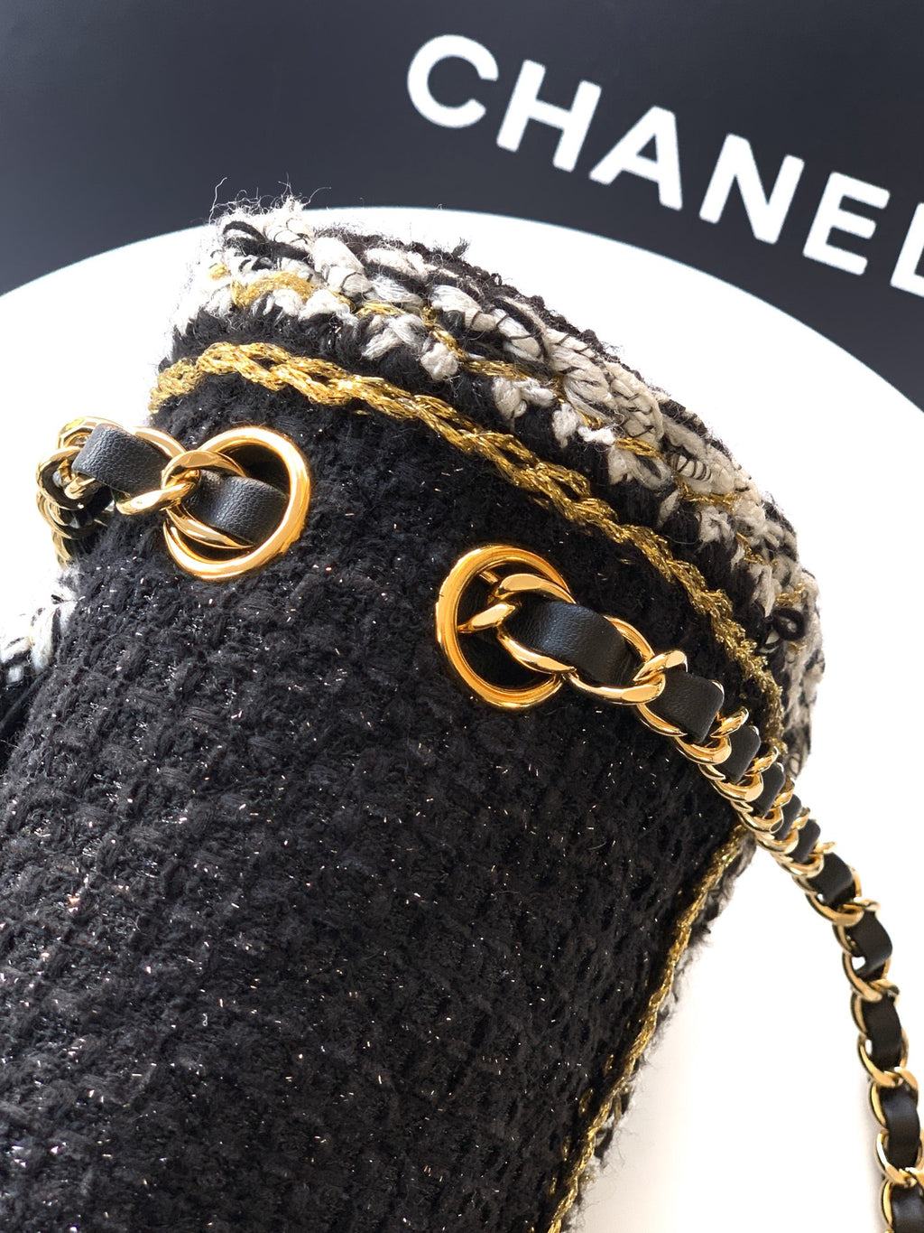 Chanel Classic Flap Medium Black White Tweed Woven Gold Chain 25K