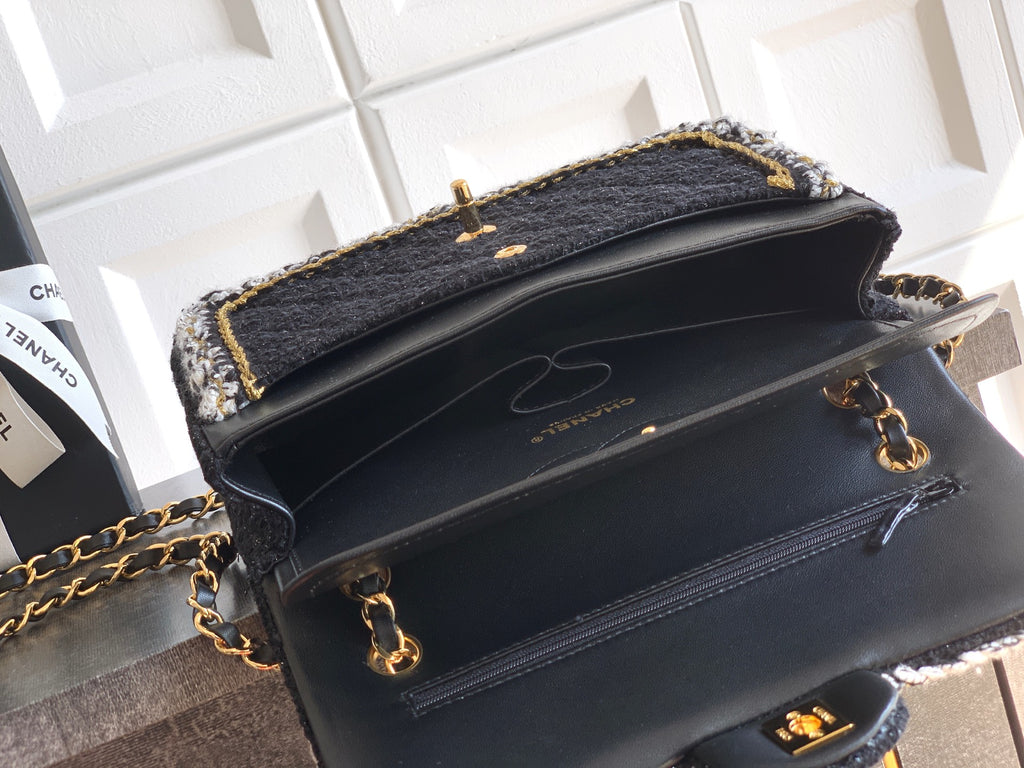 Chanel Classic Flap Medium Black White Tweed Woven Gold Chain 25K