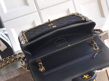 Chanel Classic Flap Medium Black White Tweed Woven Gold Chain 25K