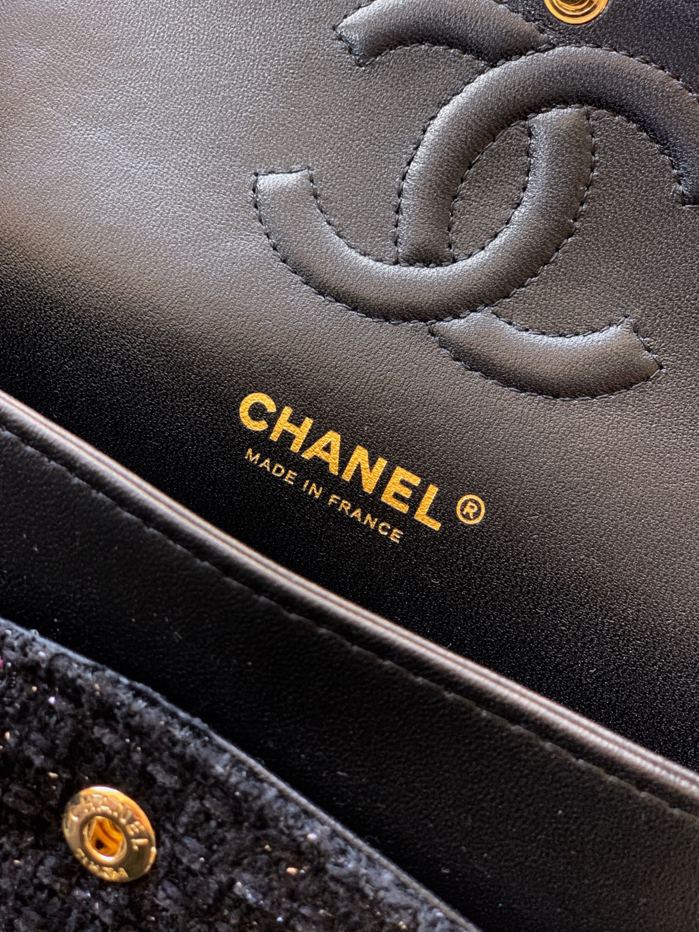 Chanel Classic Flap Medium Black White Tweed Woven Gold Chain 25K