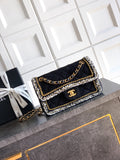 Chanel Classic Flap Small Black White Tweed Woven Gold Chain 25K