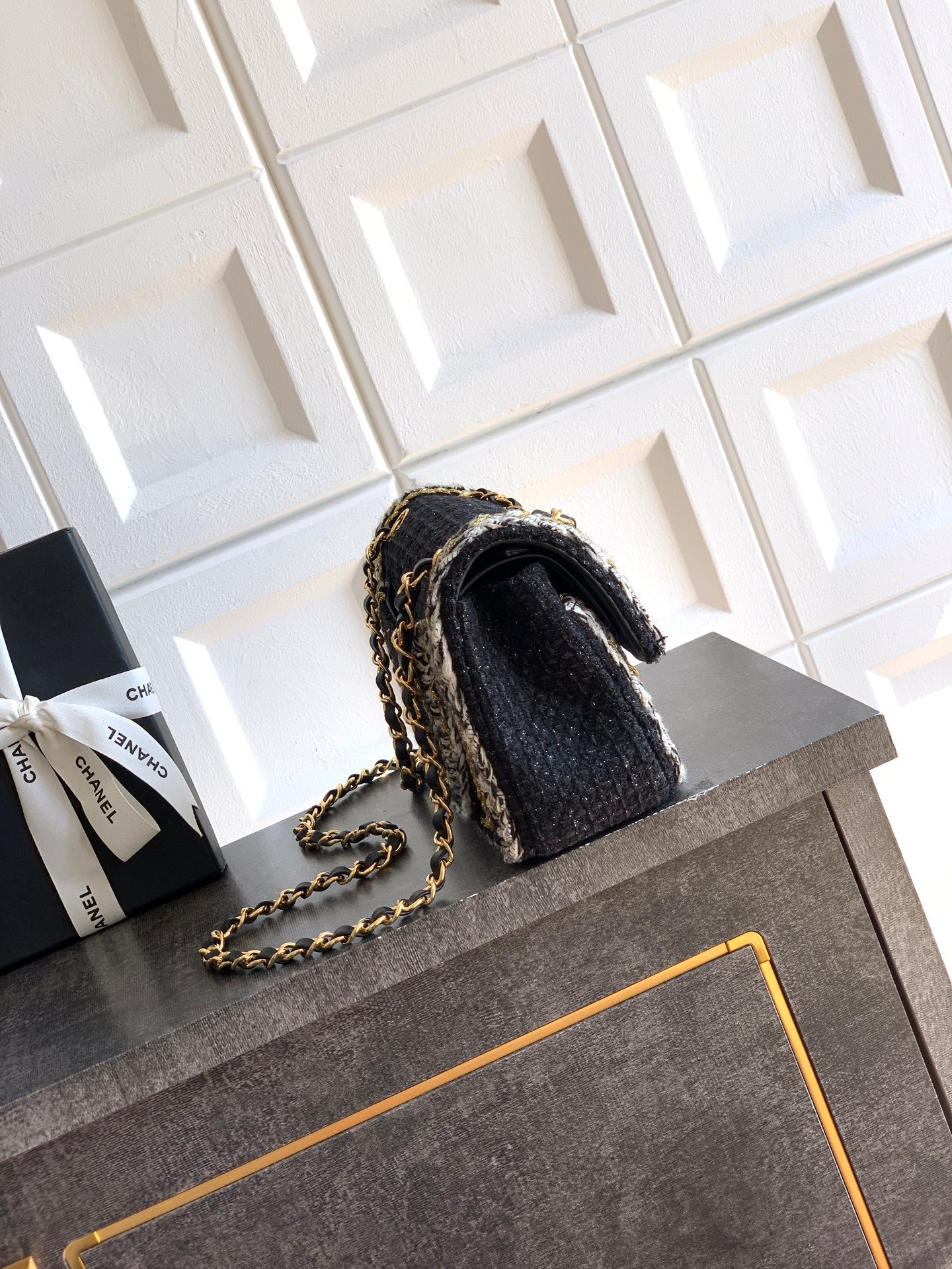 Chanel Classic Flap Small Black White Tweed Woven Gold Chain 25K