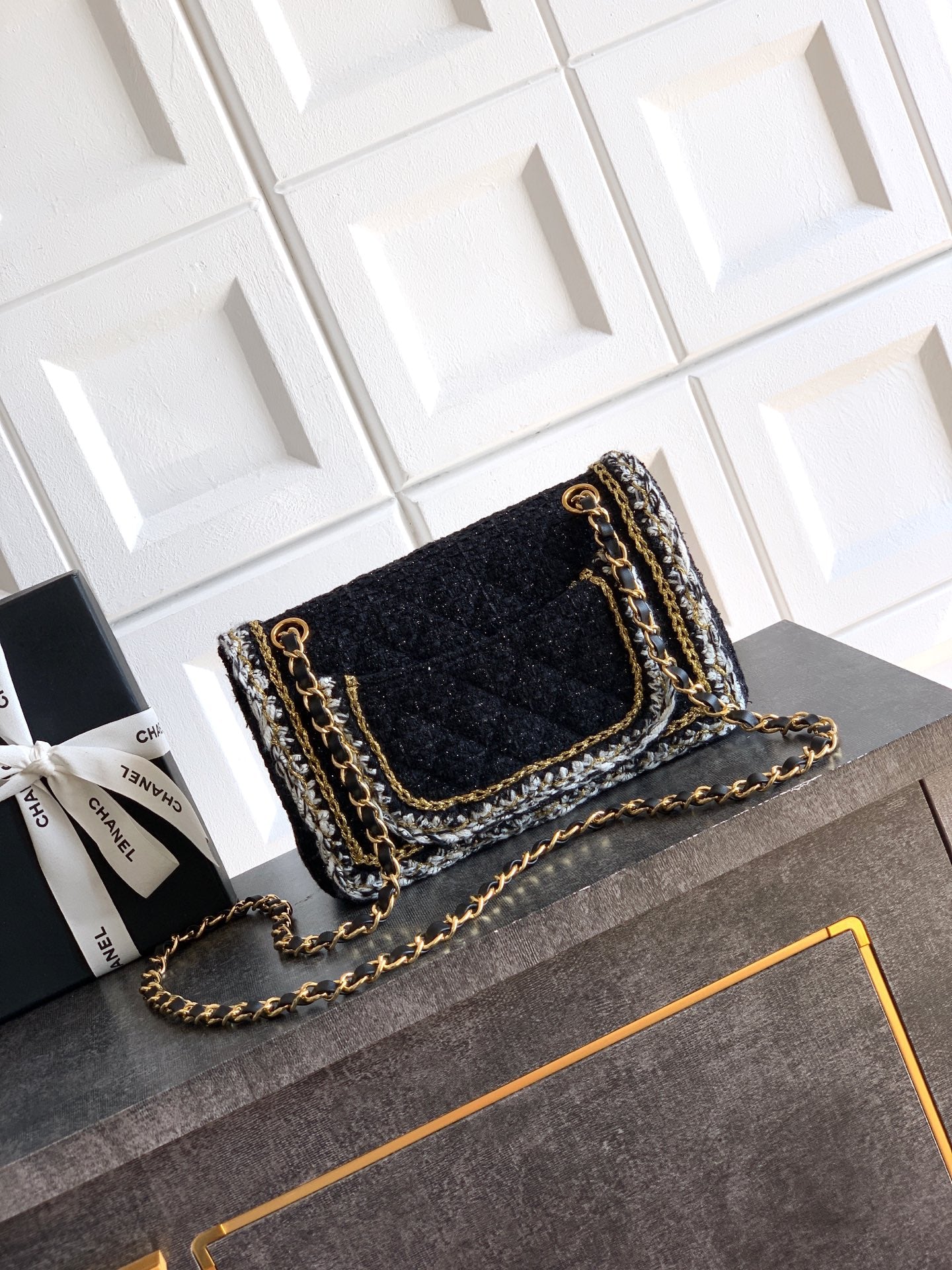 Chanel Classic Flap Small Black White Tweed Woven Gold Chain 25K