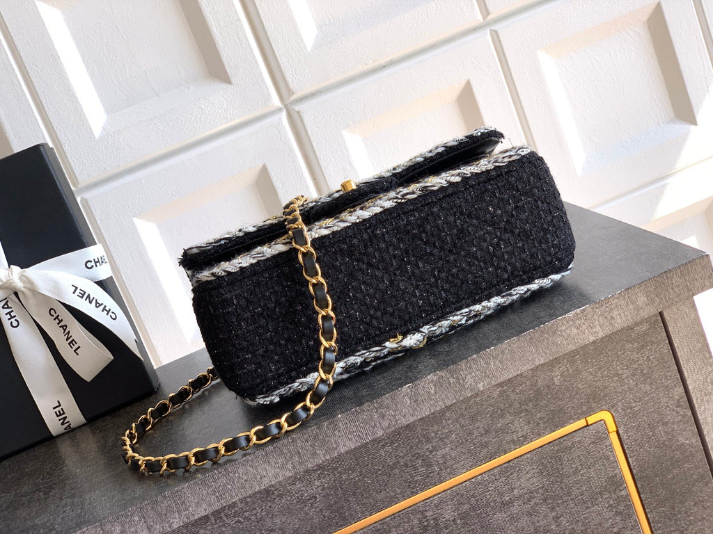Chanel Classic Flap Small Black White Tweed Woven Gold Chain 25K