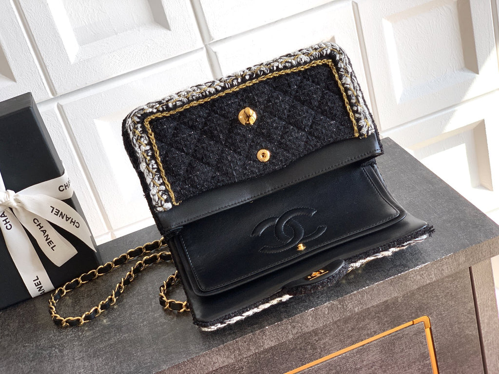 Chanel Classic Flap Small Black White Tweed Woven Gold Chain 25K