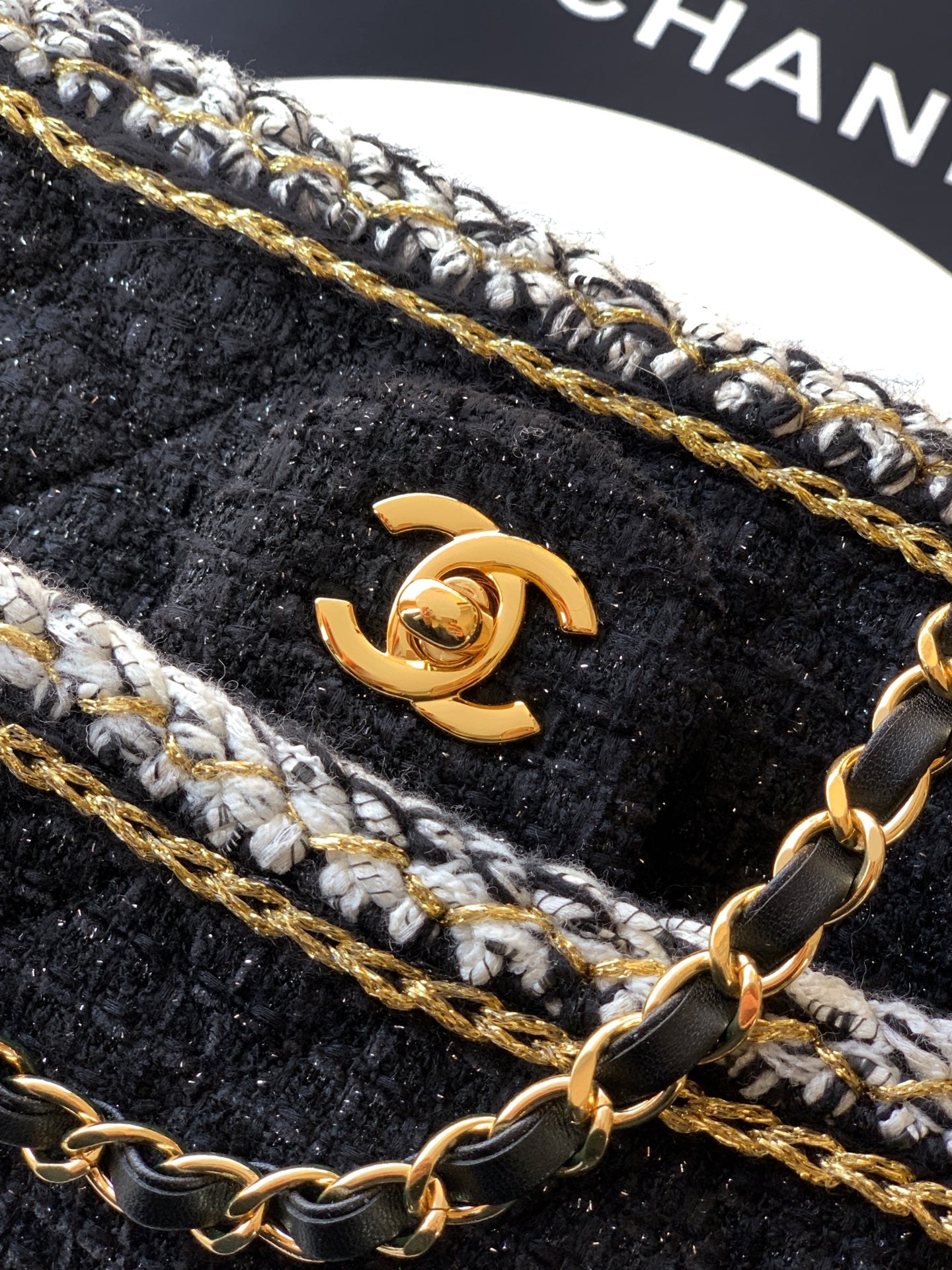 Chanel Classic Flap Small Black White Tweed Woven Gold Chain 25K