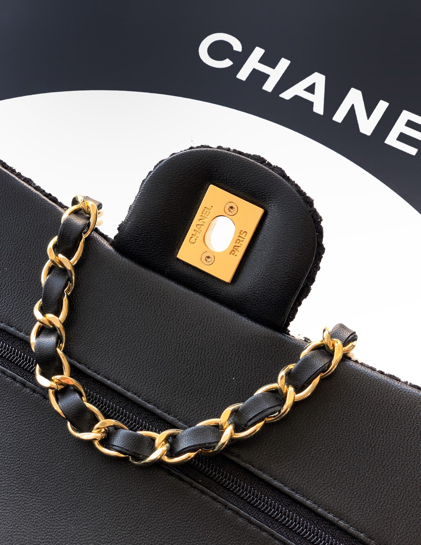 Chanel Classic Flap Small Black White Tweed Woven Gold Chain 25K