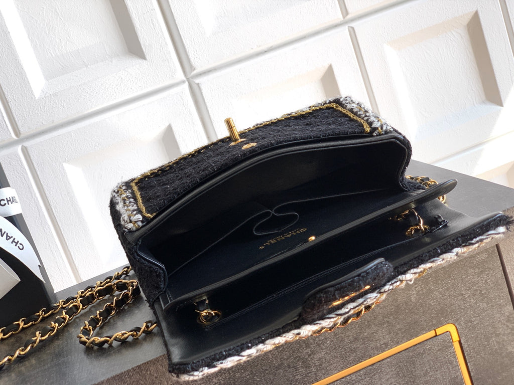Chanel Classic Flap Small Black White Tweed Woven Gold Chain 25K