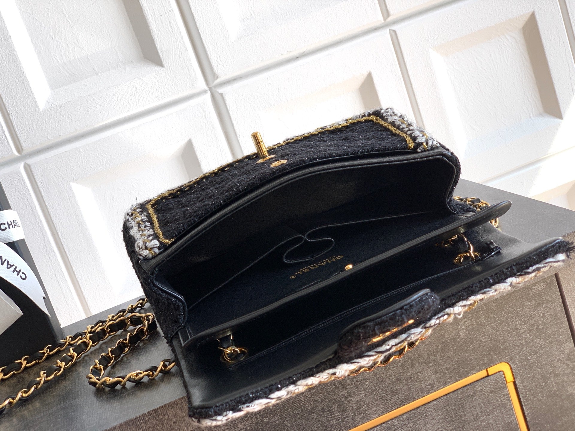 Chanel Classic Flap Small Black White Tweed Woven Gold Chain 25K
