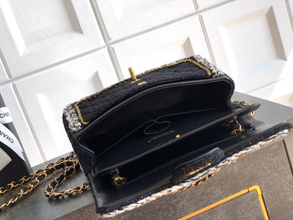 Chanel Classic Flap Small Black White Tweed Woven Gold Chain 25K