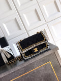 Chanel Classic Flap Mini Black White Tweed Woven Gold Chain 25K
