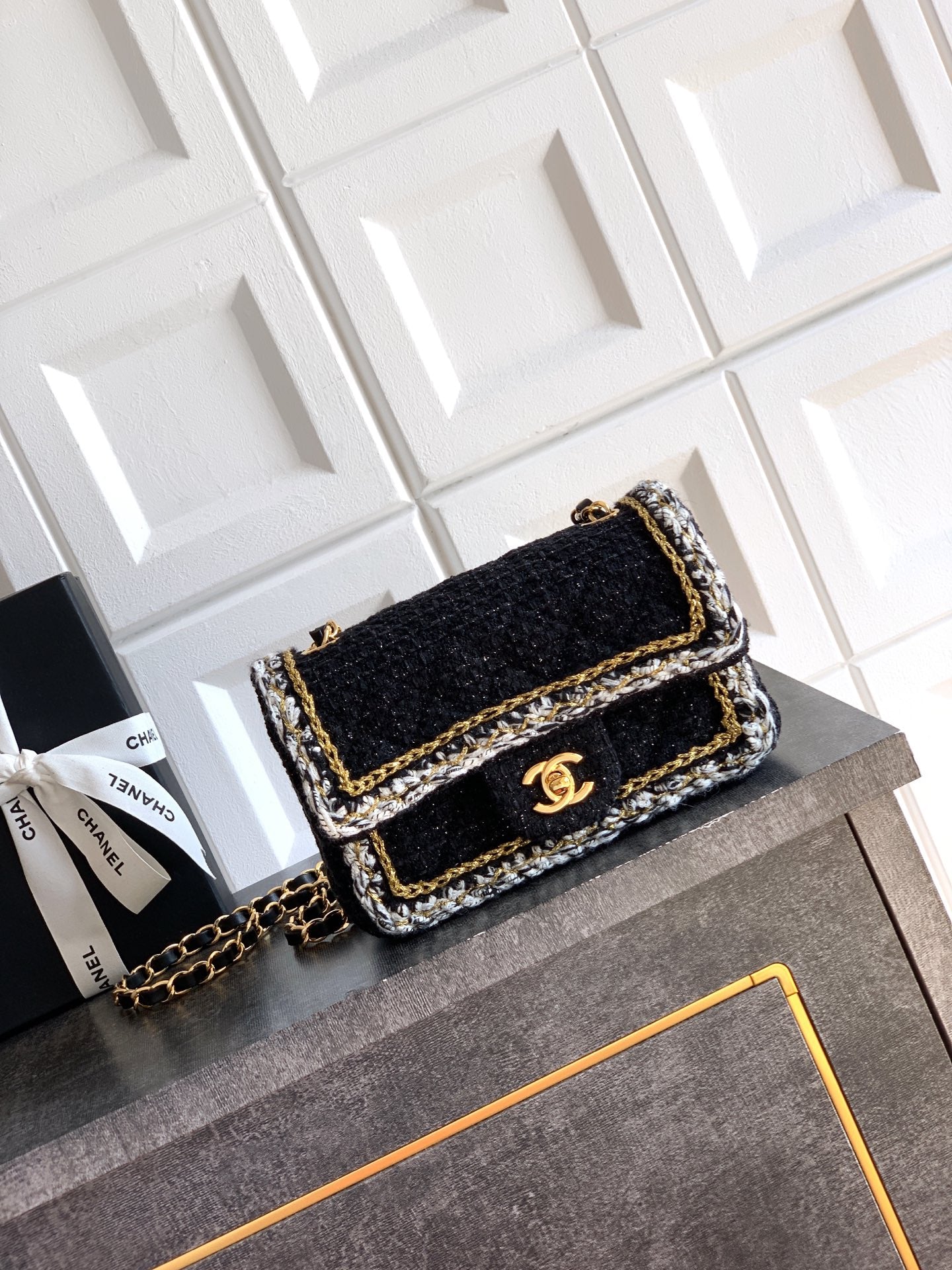 Chanel Classic Flap Mini Black White Tweed Woven Gold Chain 25K