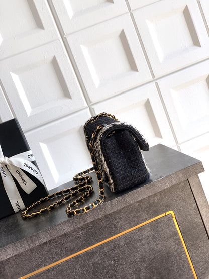 Chanel Classic Flap Mini Black White Tweed Woven Gold Chain 25K