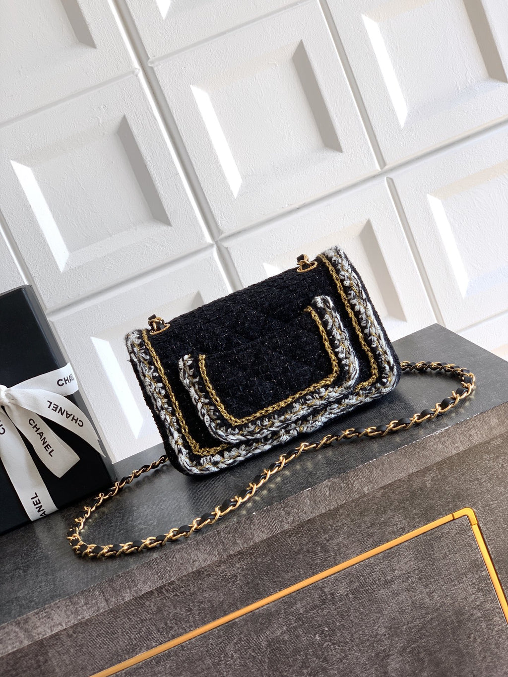 Chanel Classic Flap Mini Black White Tweed Woven Gold Chain 25K
