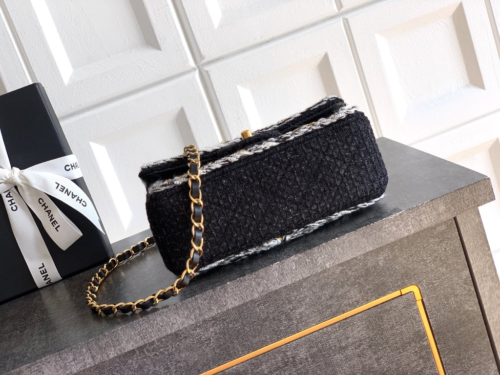 Chanel Classic Flap Mini Black White Tweed Woven Gold Chain 25K