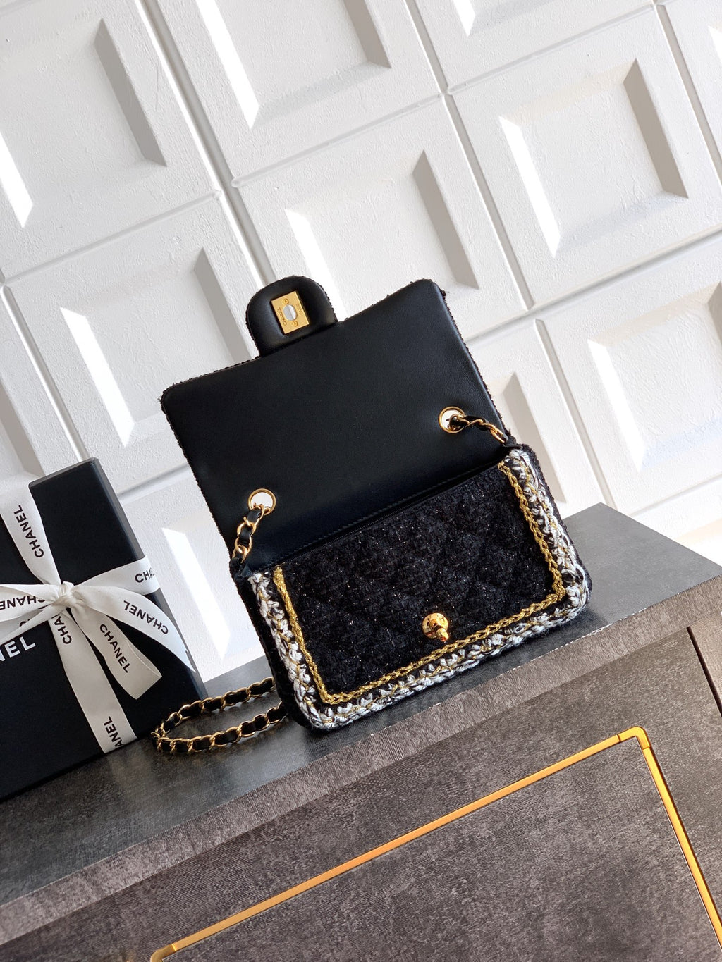 Chanel Classic Flap Mini Black White Tweed Woven Gold Chain 25K