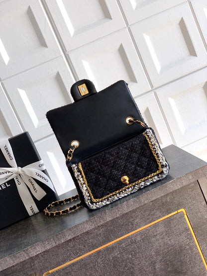 Chanel Classic Flap Mini Black White Tweed Woven Gold Chain 25K