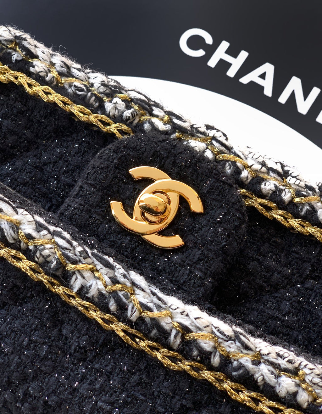 Chanel Classic Flap Mini Black White Tweed Woven Gold Chain 25K