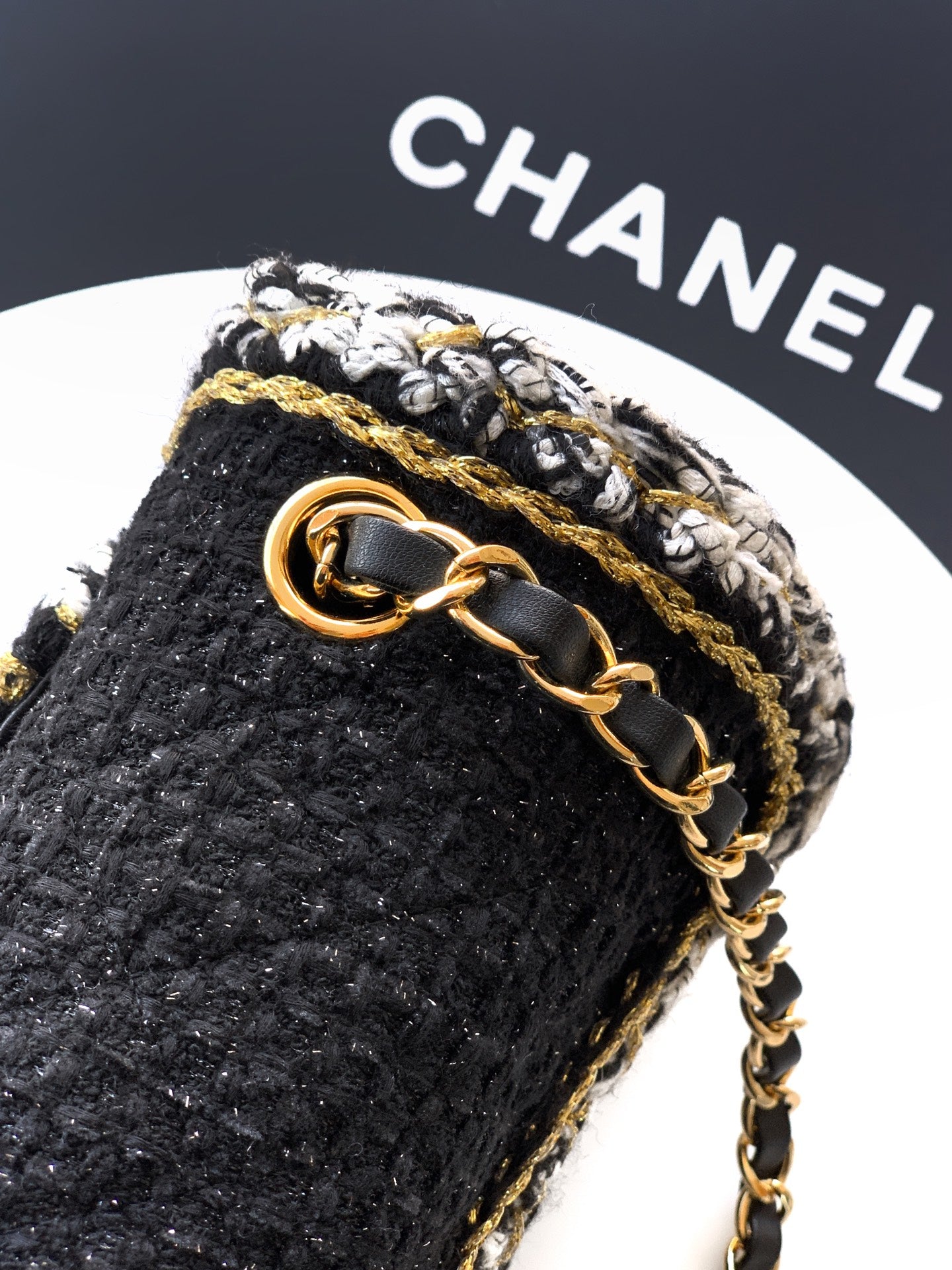 Chanel Classic Flap Mini Black White Tweed Woven Gold Chain 25K