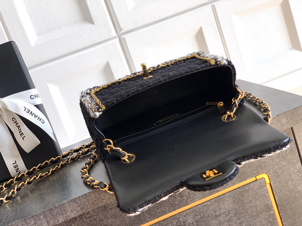 Chanel Classic Flap Mini Black White Tweed Woven Gold Chain 25K
