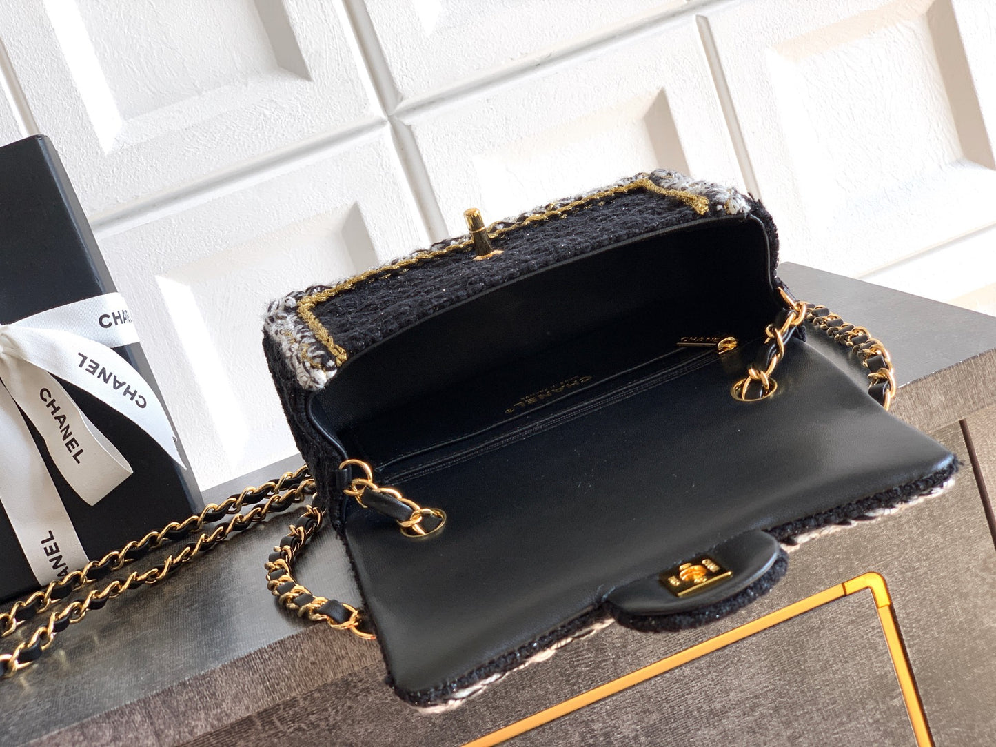Chanel Classic Flap Mini Black White Tweed Woven Gold Chain 25K