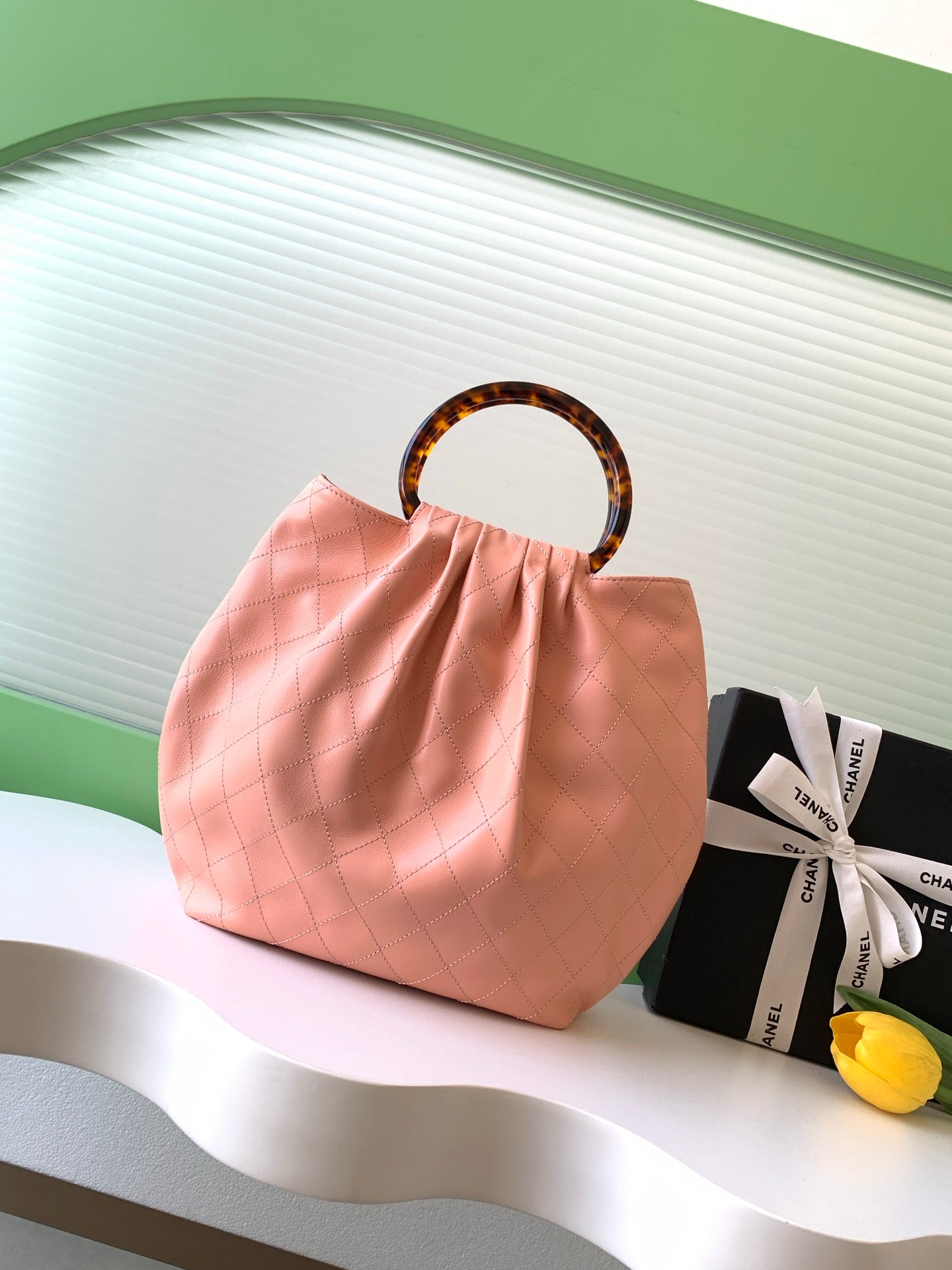 Chanel Large Tote Bag with Tortoiseshell Resin Handle (26C) — Peach Pink Lambskin