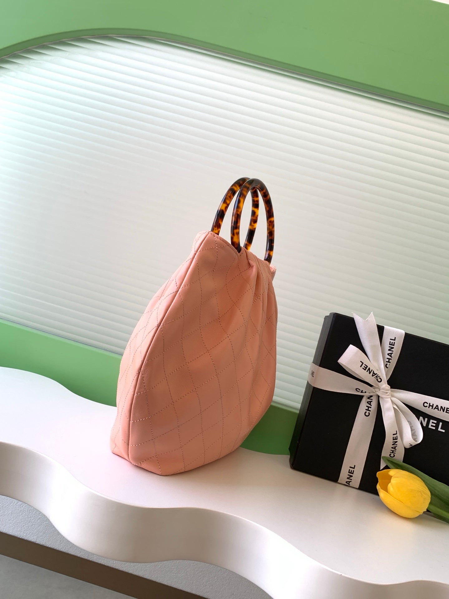 Chanel Large Tote Bag with Tortoiseshell Resin Handle (26C) — Peach Pink Lambskin