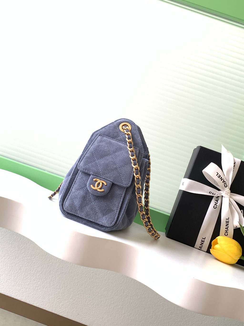 Chanel Mini Drawstring Bucket Bag with Gold CC Medallion (26C) — Denim Blue Suede